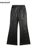 Ouzey Spring Autumn Cool Long Black Soft Pu Leather Flare Pants for Men High Waist American Retro Hippie Clothes 20023