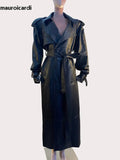 Ouzey Spring Extra Long Black Pu Leather Trench Coat for Women Shoulder Pads Back High Slit Maxi Leather Overcoat 2025