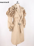 Ouzey Spring Khaki Long Trench Coat for Women with Ruffled Sleeve Belt Elegant Chic Modest Luxury Black Overcoat 2025