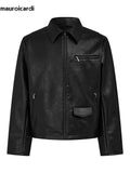 Ouzey Spring Autumn Elegant Luxury Short Black Hard Cleanfit Pu Leather Jacket Men Turn-down Collar Long Sleeve Zipper