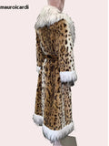 Ouzey Winter Long Thick Warm Colorful Fluffy Leopard Print Faux Fur Coat Women with Fake Fox Fur Trim Luxury Designer Clothes 2025