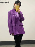 Ouzey Spring Loose Matte Purple Crocodile Print Faux Leather Blazer Women Double Breasted Loose Casual Fall Clothes 2025