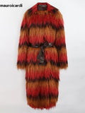 Ouzey Winter Long Colorful Striped Thick Warm Pu Leather Patchwork Faux Fur Coat Women Shaggy Hairy Fluffy Overcoat 2025