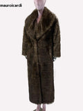 Ouzey Winter Elegant Long Thick Warm Striped Fluffy Brown Faux Sable Fur Coat Women Shawl Collar Sashes Furry Overcoat