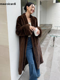 Ouzey Winter Long Brown Thick Warm Soft Fluffy Faux Mink Fur Coat Women V Neck Loose Chic Stylish Luxury Designer Clothes