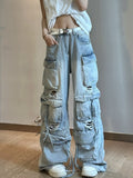 Ouzey Light blue washed ripped multi-pocket high street cargo pants women 2025 aesthetic fashion American retro wide leg baggy jeans