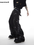 Ouzey Autumn Black Cool Leather Patchwork Wide Leg Pants for Mens Floor Length Luxury Designer Men Clothing Emo Streetwear