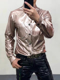 Ouzey Spring Autumn Cool Fitted Black Pink Yellow Shiny Reflective Stretchy Faux Leather Shirt Jacket Men Emo Clothes 2025