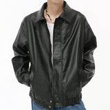 Ouzey Niche Design Men's Jackets Loose Pu Leather Short Coats Turn-down Collar Solid Color Casual Male Tops Personality