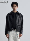 Ouzey Spring Autumn Elegant Luxury Short Black Hard Cleanfit Pu Leather Jacket Men Turn-down Collar Long Sleeve Zipper