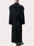 Ouzey Winter Extra Long Black Thick Warm Shaggy Fluffy Fuzzy Faux Fur Coat Women Sashes Luxury Elegant Maxi Furry Overcoat