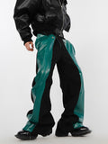 Ouzey Spring Autumn Cool Long Loose Casual Green and Black Patchwork Pu Leather Pants Men Straight Trousers Fashions 2025