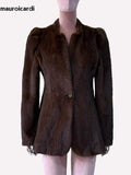 Ouzey Autumn Winter Short Brown Warm Soft Fitted Faux Mink Fur Blazer Women Elegant Luxury Chic Skirted Fluffy Jacket Coat