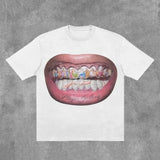 Ouzey 90s Streetwear Teeth Letter Graphic Print Oversized T Shirt Mens Womens Y2k Top Hip Hop Harajuku Gothic T Shirts Short Sleeve Streetwear Tops