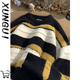 Ouzey Striped contrast sweater for men in autumn and winter, retro pullover sweater, trendy brand, loose, lazy style, high-end y2k top