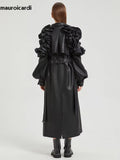 Ouzey Spring Extra Long Black Ruffled Soft Faux Leather Coat Women Belt Elegant Chic Luxury Designer Clothes Overcoat 2025