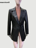 Ouzey Spring Autumn Fitted Black Pu Leather Blazers Elegant Women Long Sleeve Single Button High Quality Women Clothing