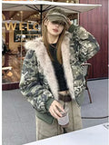 Ouzey dandys world American Fashion Camouflage Plush Hat Jacket Coat Y2K High Street Hip hop Harajuku Loose Women Make Hoodies Fashion Streetwear