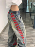 Ouzey dandys world Harajuku hip-hop red striped splicing design oversized high-waisted jeans women y2k street aesthetic popular straight baggy pant