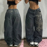 Ouzey 2024 European and American Hip-hop Gothic Print Jeans Female Y2K New High Street Loose Fashion Straight Pants Wide-leg Pants