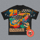 Ouzey 90s Streetwear 2024 New American Street Retro Personality Anime Cartoon Car Letter Printed T-shirt Men Y2k Harajuku Fashion Casual Loose Shirt