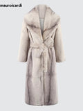 Ouzey Winter Luxury Elegant Chic Long Thick Warm Fluffy Colorful Gradient Faux Fur Coat Women Sashes Shawl Collar 2025