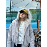 Ouzey Y2K Street Leather Collar Hooded Jacket American Retro Women's Winter New Velvet Thickened Warm Harajuku Loose Casual Jacket