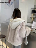 Ouzey Spring Winter Hairy Shaggy Soft Thick Warm Faux Fur Coat Women with Hood Fluffy Jacket Fake 2 Piece Clothes 2025