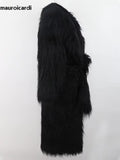 Ouzey Winter Long Thick Warm Shaggy Hairy Fluffy Faux Mongolian Fur Coat Women Sashes Elegant Luxury Furry Overcoat 2025