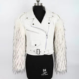 Ouzey Winter Short Thickened Warm Soft Fluffy Black Patchwork Pu Leather Biker Jacket with Faux Fur Inside and Sleeves