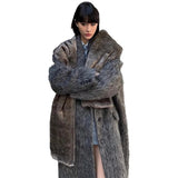 Ouzey Autumn Winter Oversized Extra Long Warm Thick Gray Wool & Blends Coat Women Loose Casual Fluffy Korean Fashion 2025