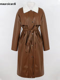 Ouzey Winter Long Warm Thickened Warm Soft Brown Pu Leather Coat Women with White Faux Fur Inside Loose Korean Fashion