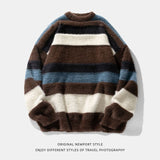 Ouzey Contrast striped round neck sweater for men 2025 autumn and winter new style Japanese retro lazy style sweater sweater Y2k top