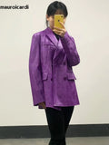 Ouzey Spring Loose Matte Purple Crocodile Print Faux Leather Blazer Women Double Breasted Loose Casual Fall Clothes 2025