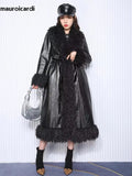 Ouzey Winter Oversized Long Black Quilted Thickened Warm Pu Leather Coat Women with Faux Fur Trim Luxury Designer Clothes