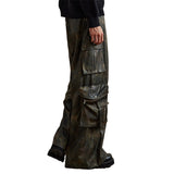 Ouzey Spring Autumn Long Baggy Colorful Distressed Brown Soft Pu Leather Wide Leg Cargo Pants Men Luxury Designer Clothing