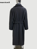 Ouzey Spring Winter Oversized Extra Long Warm Grey Wool Blends Coat Men Sashes Luxury Elegant Chic Woolen Overcoat 2025