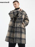 Ouzey Autumn Winter Long Loose Stylish Thick Warm Colorful Plaid Wool & Blends Coat Men Double Breasted Runway Fashion