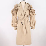 Ouzey Spring Khaki Long Trench Coat for Women with Ruffled Sleeve Belt Elegant Chic Modest Luxury Black Overcoat 2025