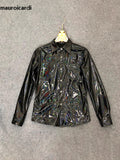 Ouzey Spring Autumn Cool Fitted Black Shiny Reflective Stretchy Holographic Faux Leather Shirt Jacket Men Emo Clothes 2025