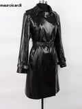 Ouzey Spring Long Waterproof Black Crocodile Print Faux Leather Trench Coat for Women Belt Luxury Designer Clothes 2025