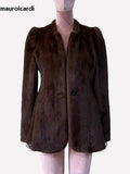 Ouzey Autumn Winter Short Brown Warm Soft Fitted Faux Mink Fur Blazer Women Elegant Luxury Chic Skirted Fluffy Jacket Coat