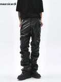 Ouzey Autumn Long Ruched Black Pu Leather Stacked Pants Men Dark Academia Vintage Clothes Steampunk Trousers Streetwear