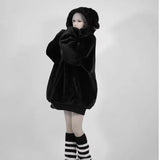 Ouzey Winter Cool Oversized Warm Thick Soft Faux Fur Coat Hoodie Women with Bear Ears Punk Style Fluffy Jacket Streetwear