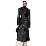 Ouzey Spring Luxury Long Black Fitted Faux Leather Trench Coat for Women Shoulder Pads Double Breasted European Clothes