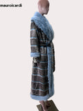 Ouzey Autumn Winter Extra Long Striped Thick Warm Faux Fur Coat Women with Fur Trim Elegant Luxury Maxi Furry Overcoat