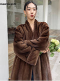 Ouzey Winter Long Brown Thick Warm Soft Fluffy Faux Mink Fur Coat Women V Neck Loose Chic Stylish Luxury Designer Clothes