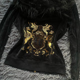 Ouzey dandys world Gothic Retro Crown Rhinestone Hooded Coat Women's Street Wear Y2K Harajuku Long Sleeve And Velvet Warm Zipper Gothic Long Sleeve