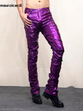 Ouzey Purple Green Shiny Reflective Skinny Stretchy Faux Leather Stacked Pants for Men Sexy Latex Trousers Y2K Streetwear