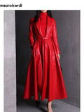 Ouzey Spring Black Maxi Skirted Faux Leather Trench Coat for Women Extra Long Elegant Luxury Designer Clothes Overcoat